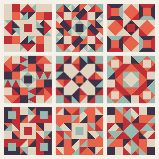 wektor bezszwowy niebieski czerwony pomarańczowy geometryczny kwadratowy wzór kołdry - kołdra pikowana stock illustrations