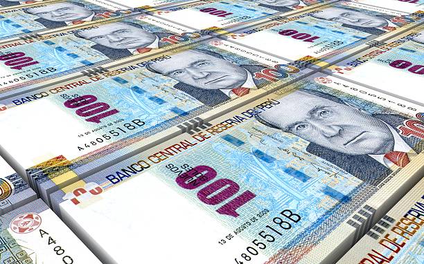istock Peruvian nuevos soles bills stacks background. 619766188