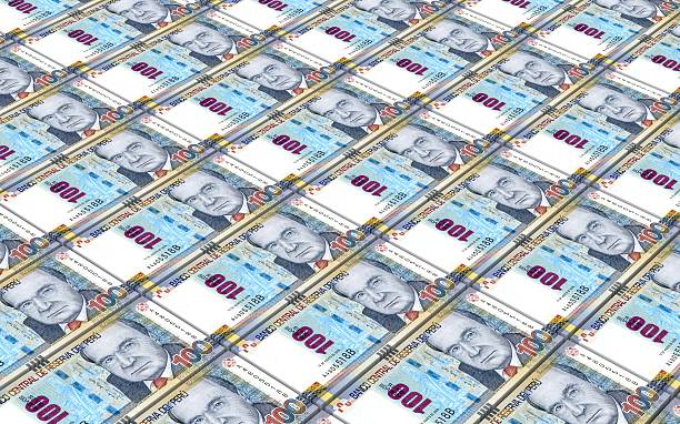 peruano nuevos las plantas facturas pilas de fondo. - peruvian paper currency fotografías e imágenes de stock