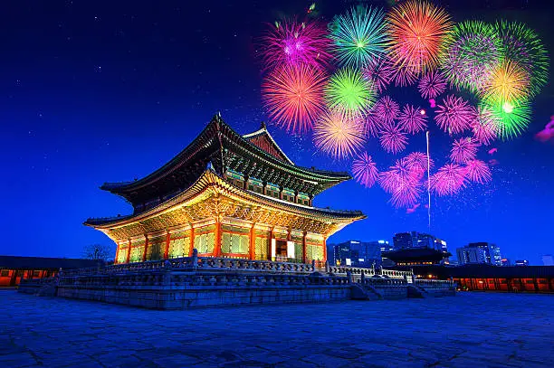 Gyeongbokgung Palace at night and firework festival in seoul,Korea.
