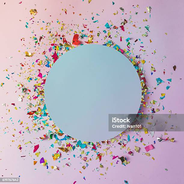 Colorful Celebration Background With Party Confetti On Pink Back Stock Photo - Download Image Now