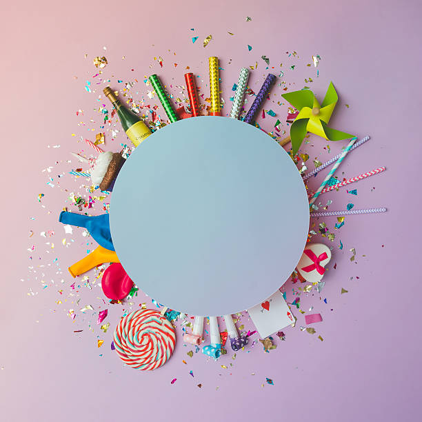 istock Colorful celebration background with various party confetti, bal 619767782