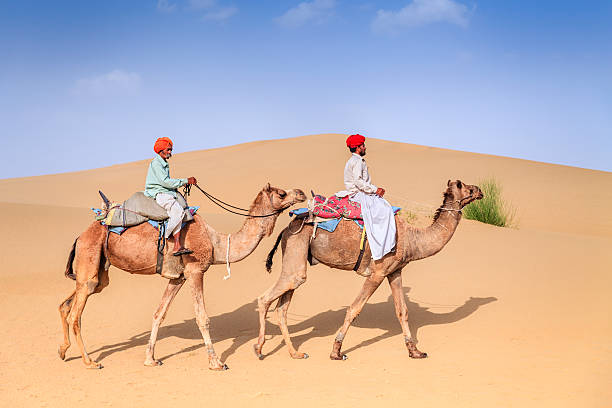 istock Indian men riding camels on sand dunes, Rajasthan, India 619768036