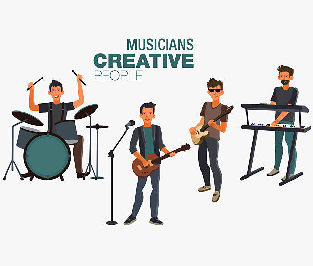 stockillustraties, clipart, cartoons en iconen met music band. group of young rock musician - toetsenist