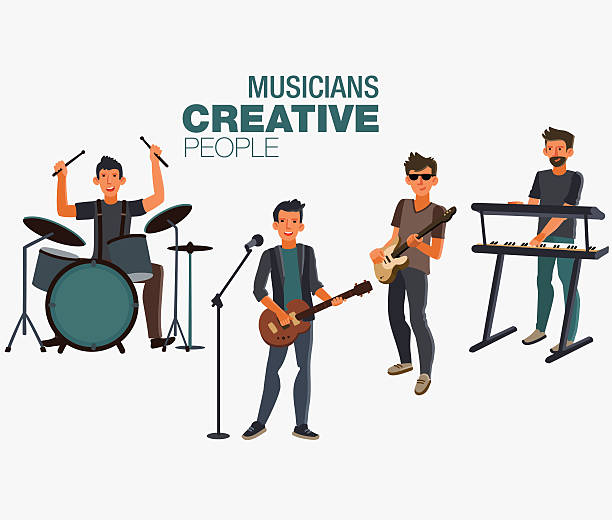 Music band. Group of young rock musician Music band. Group of young rock musician bass guitar stock illustrations
