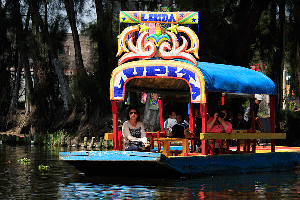 Trajineras Mexico City, Mexico - Oct 5, 2016: Colorful trajineras or boats full of tourists take a tour on Lake Xochimilco channels. UNESCO World Heritage Site in Mexico City. trajinera stock pictures, royalty-free photos & images
