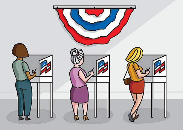 The Women's Vote American women at voting booths in their local polling place. us constitution stock illustrations