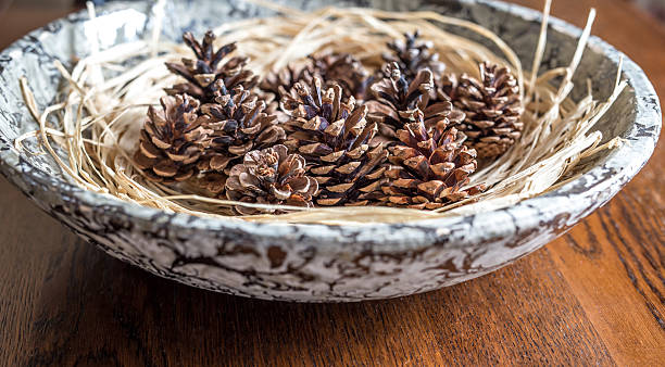 istock Closeup of pine cones in decorative bowl 619773236