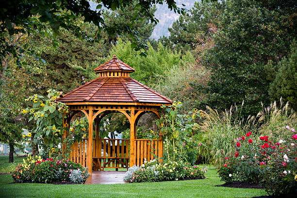 cedar gazebo backyard garden park - garden pavilion photos et images de collection