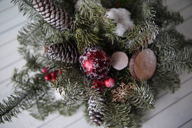 istock Christmas decorations on wooden background 619962620