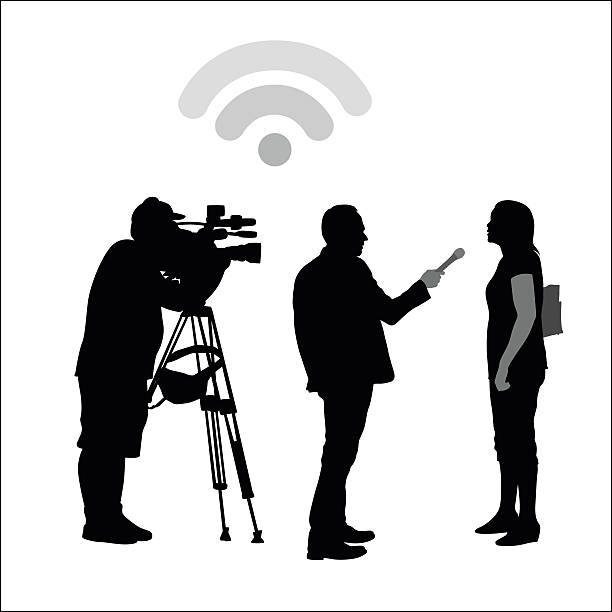 Public News Interview A vector silhouette illustration of a news crew including a cameraman and news achnor interviewing a woman talking into a microphone.  The wifi symbol is above the cameraman. interview event clipart stock illustrations