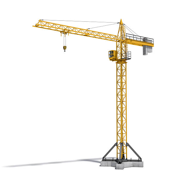 Rendering of yellow tower crane full-height isolated on the 3d rendering of a yellow tower crane full-height isolated on the white background. Building and construction. Machinery and equipment. 3d modeling. crane stock pictures, royalty-free photos & images