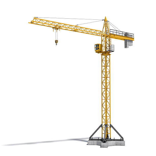 rendering of yellow tower crane full-height isolated on the - crane imagens e fotografias de stock