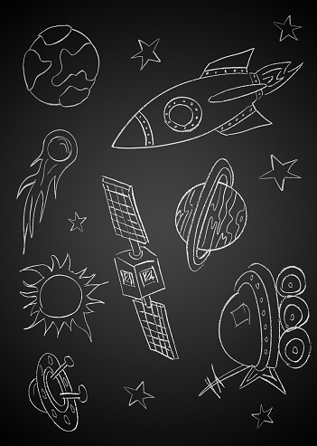 This is a photo of  a black chalkboard with outerspace drawing on in including a rocketship, stars, ufo, satellite,saturn, earth and sun.