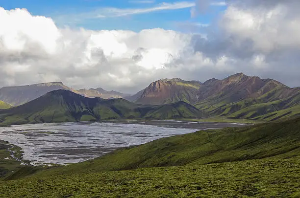 Photo of Lake and moss-covered volcanic mountains. Landmannalaugar.