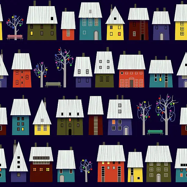 Vector illustration of Night Winter Town Pattern.