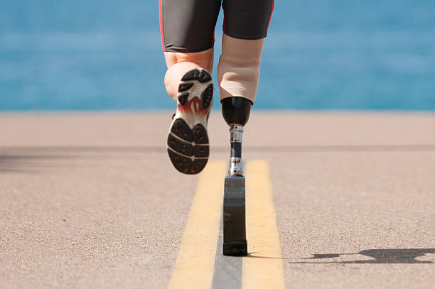 Low Angle Of Prosthetic Leg Running stock photo