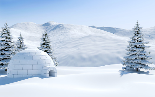 Igloo in snowfield with snowy mountain and pine tree covered with snow, Arctic landscape scene, 3D rendering