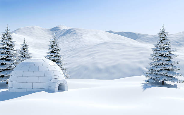Igloo in snowfield with snowy mountain, Arctic landscape scene stock photo
