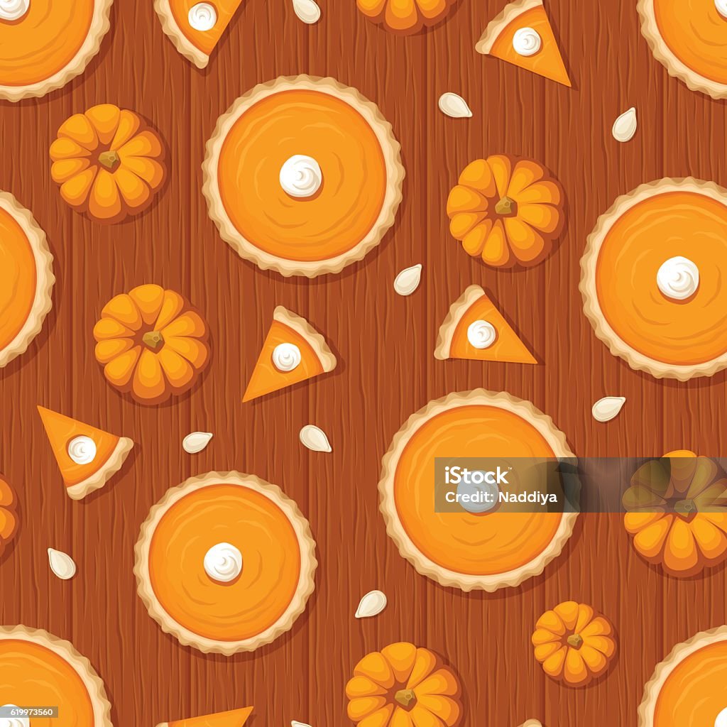 Motif sans couture avec des tartes à la citrouille et des citrouilles sur fond en bois. - clipart vectoriel de Tourte à la citrouille libre de droits