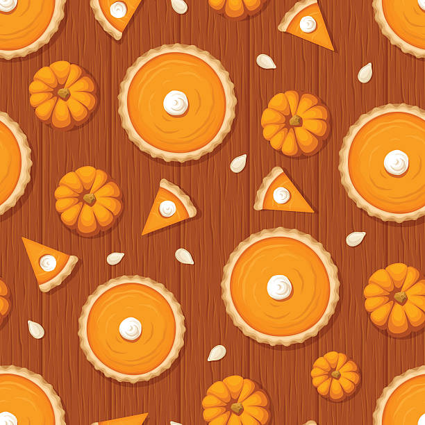 ilustrações de stock, clip art, desenhos animados e ícones de seamless pattern with pumpkin pies and pumpkins on wooden background. - pumpkin autumn pattern repetition