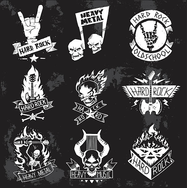 ilustrações, clipart, desenhos animados e ícones de heavy metal rock emblemas vetor set. - classic rock