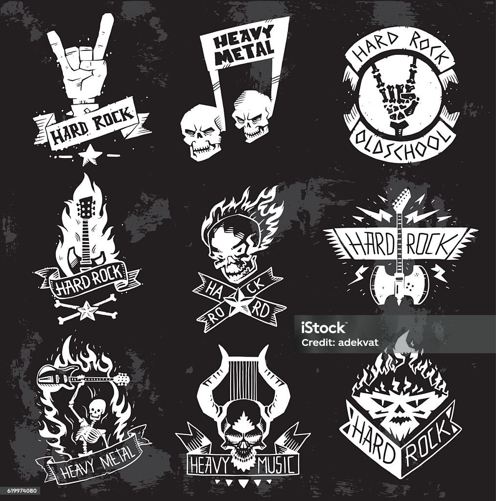 Heavy Metal rock badges vector set. Vintage coal mining emblems, labels, badges, logos. Monochrome style heavy metal rock badges logo classic band typography hardcore. Heavy Metal music symbol rock badges logo. Bikers retro rock label. Heavy Metal stock vector