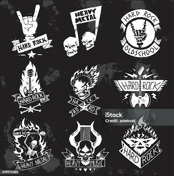 Heavy Metal Rock Badges Vector Set Stock Illustration - Download Image Now - Heavy Metal, Performance Group, Metal