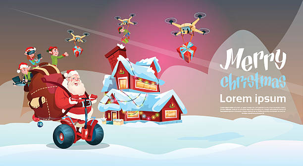 Santa Claus Ride Electric Segway Scooter, Elf Flying Drone Present Santa Claus With Sack Ride Electric Segway Scooter, Elf Flying On Drone Present Delivery Christmas Holiday New Year Banner Flat Vector Illustration segway stock illustrations