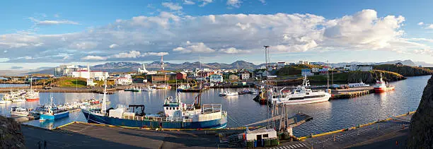 Panorama of a fishing harbor in Stykkishólmur, Iceland.