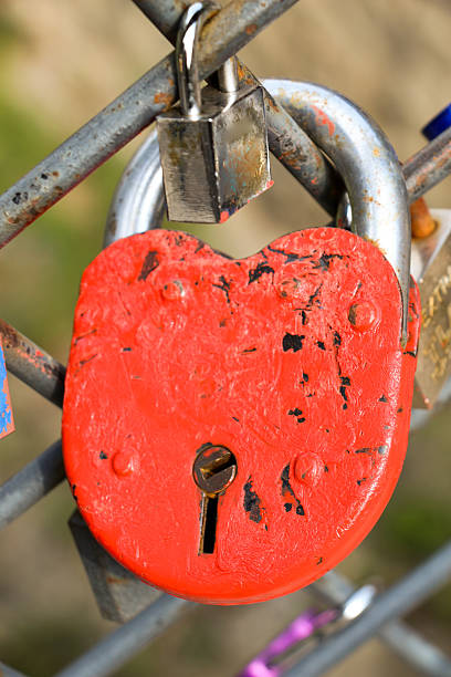 istock Colorful love padlock on fence 619979074