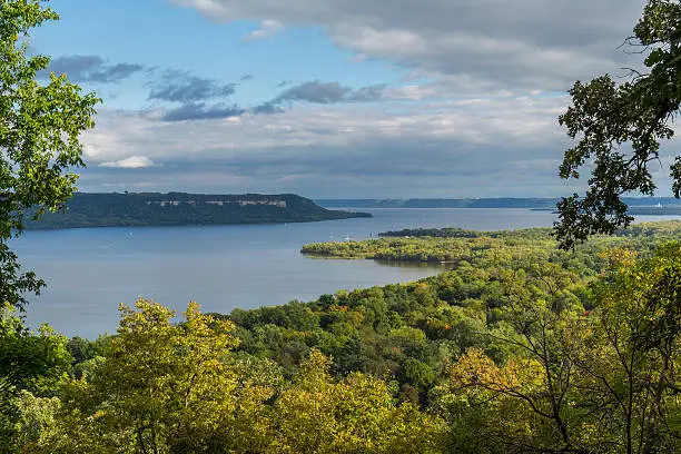 A scenic view of Lake Pepin on the Mississippi River in early autumn.