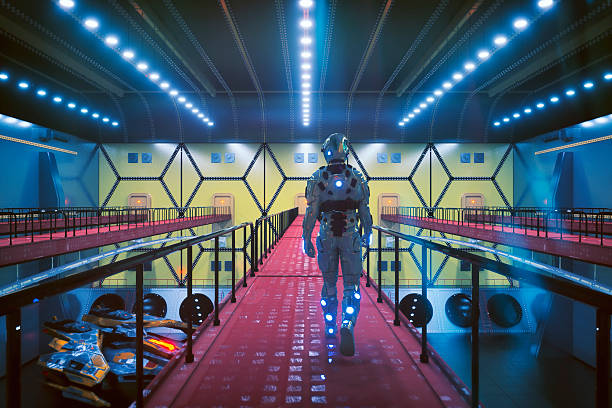 istock Astronaut in hangar bay walking towards spaceship 619980652