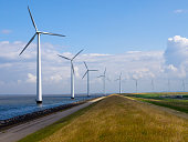 Row of windturbines along motorway