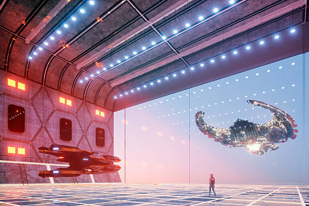 istock Astronaut in hangar bay walking towards spaceship 619981866