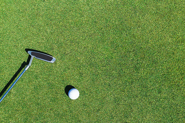 istock Golf ball and putter in lawn 619983200
