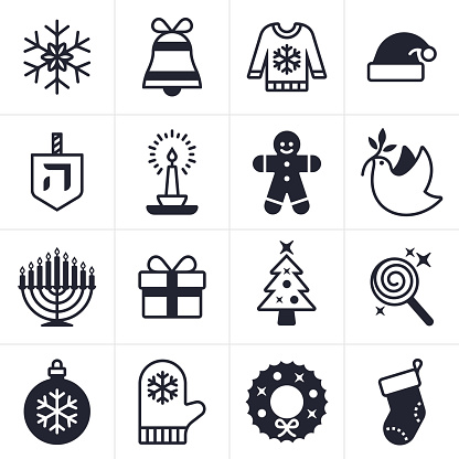 Christmas, Holiday and Hanukkah icons including snowflake, gift, christmas tree, stocking, peace dove, santa hat cand and menorah. EPS 10 file. Transparency effects used on highlight elements.