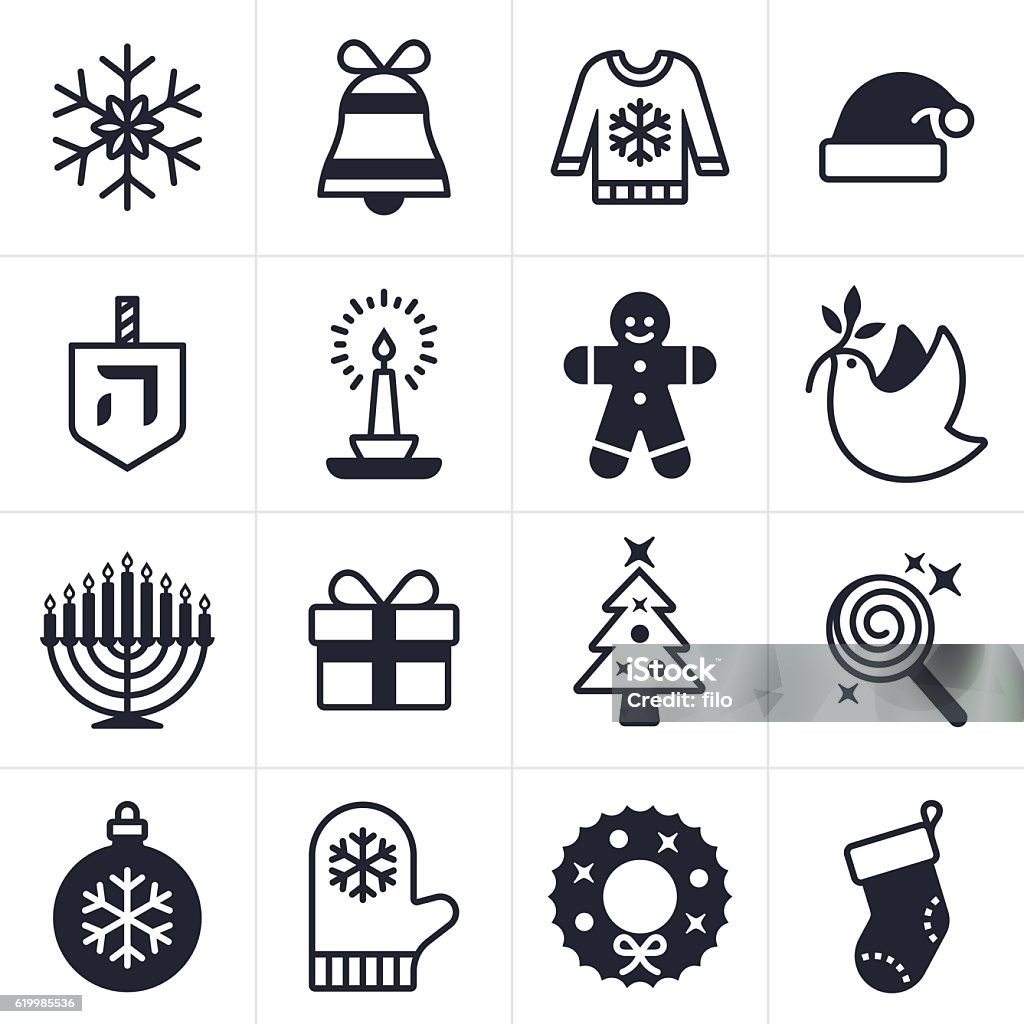 Holiday Icons and Symbols Christmas, Holiday and Hanukkah icons including snowflake, gift, christmas tree, stocking, peace dove, santa hat cand and menorah. EPS 10 file. Transparency effects used on highlight elements. Christmas stock vector