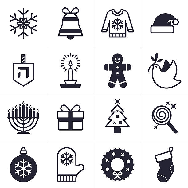 Holiday Icons and Symbols Christmas, Holiday and Hanukkah icons including snowflake, gift, christmas tree, stocking, peace dove, santa hat cand and menorah. EPS 10 file. Transparency effects used on highlight elements. gingerbread man stock illustrations