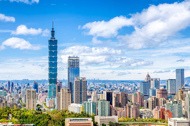 Aerial view of Financial district in Taipei , Taiwan Cityscape of Taipei with skyscraper under dramatic clouds at blue sky in Taiwan, Asia taipei photos stock pictures, royalty-free photos & images