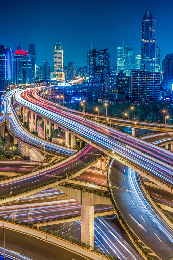 Aerial View of Shanghai overpass at Night in China.