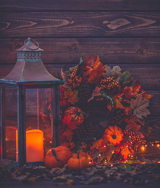 istock Luxurious still life arrangement for Thanksgiving with lantern and wreath 619991386