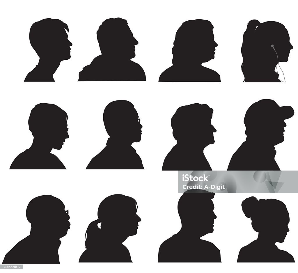 Profile Silhouette Heads A vector silhouette illustration of multiple facial profiles of male and female adults. In Silhouette stock vector