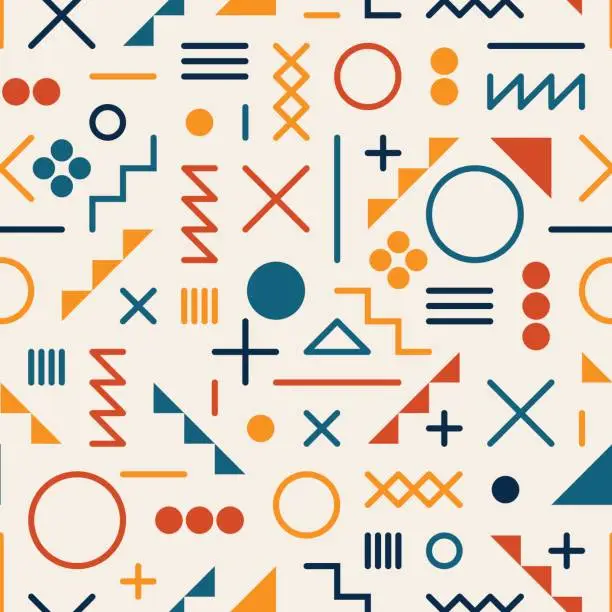 Vector illustration of Vector Seamless Retro Jumble Geometric Line Shapes Tela Orange Color