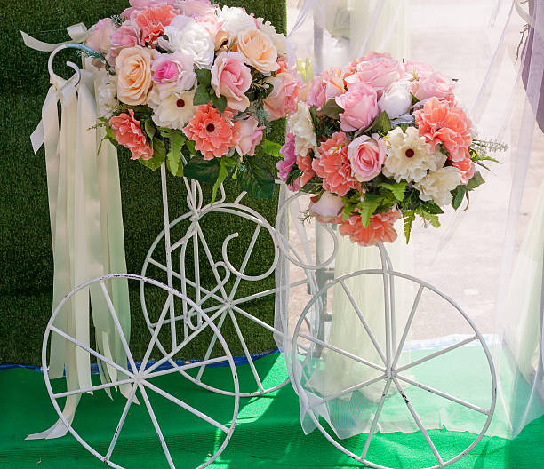 istock Decorative Vintage Model Old Bicycle Equipped Basket Flowers 619999406