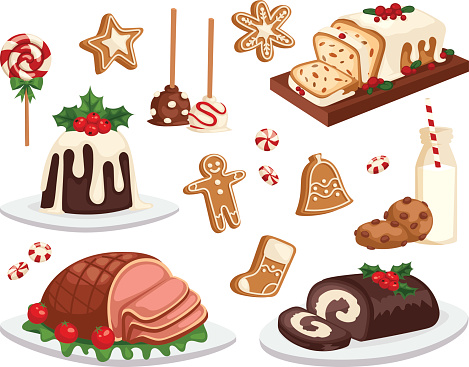 Set of traditional christmas food and desserts holiday decoration. Christmas food xmas sweet celebration dessert. Vector traditional festive winter cake homemade christmas food.