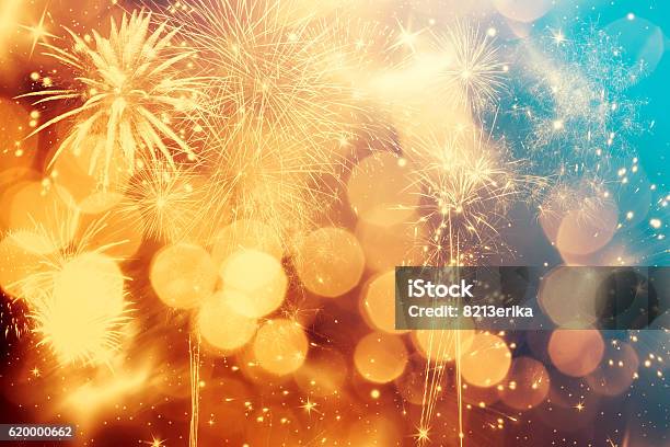 Abstract Holiday Background With Fireworks Stock Photo - Download Image Now - Celebration, Firework - Explosive Material, Firework Display