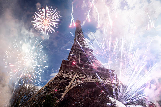 Abstract background of Eiffel tower with fireworks stock photo