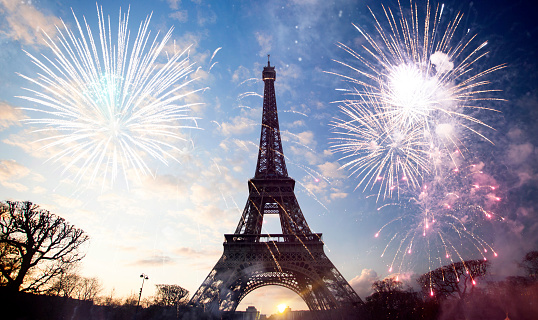 Abstract background of Eiffel tower with fireworks, Paris, France - New Year