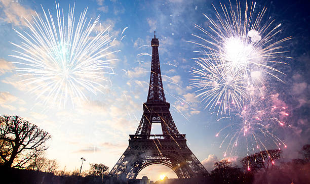 Abstract background of Eiffel tower with fireworks stock photo